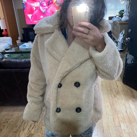 Free People Faux-Fur Double Breasted Jacket Tan - Picture 6 of 6